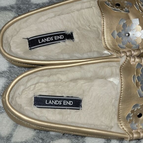 Lands End Faux Fur Lined Loafer Slip On Metallic Snowflake Slipper Shoes Size 7 - Picture 6 of 12